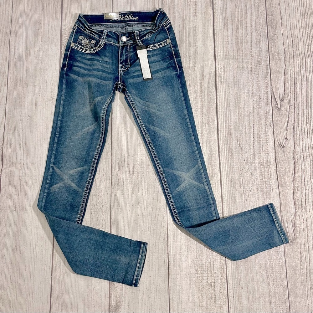 Y2K NWT ViVi DIVA Juniors Low Rise Denim Blue Jeans Rhinestones Bling Size 3